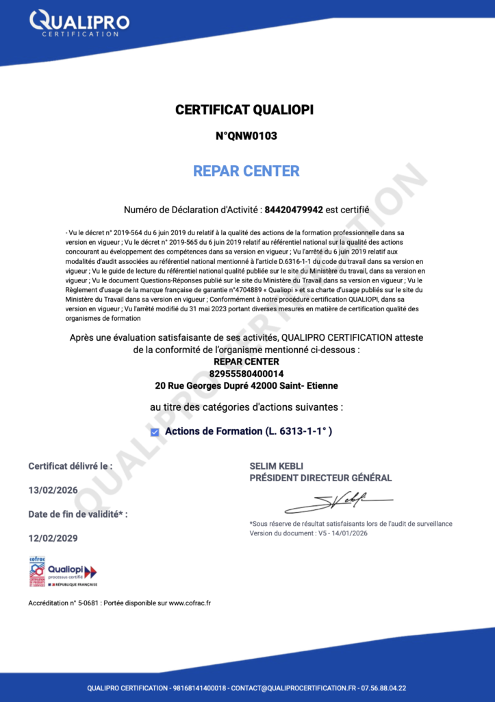 Certificat Qualiopi REPAR CENTER numero QNW0103